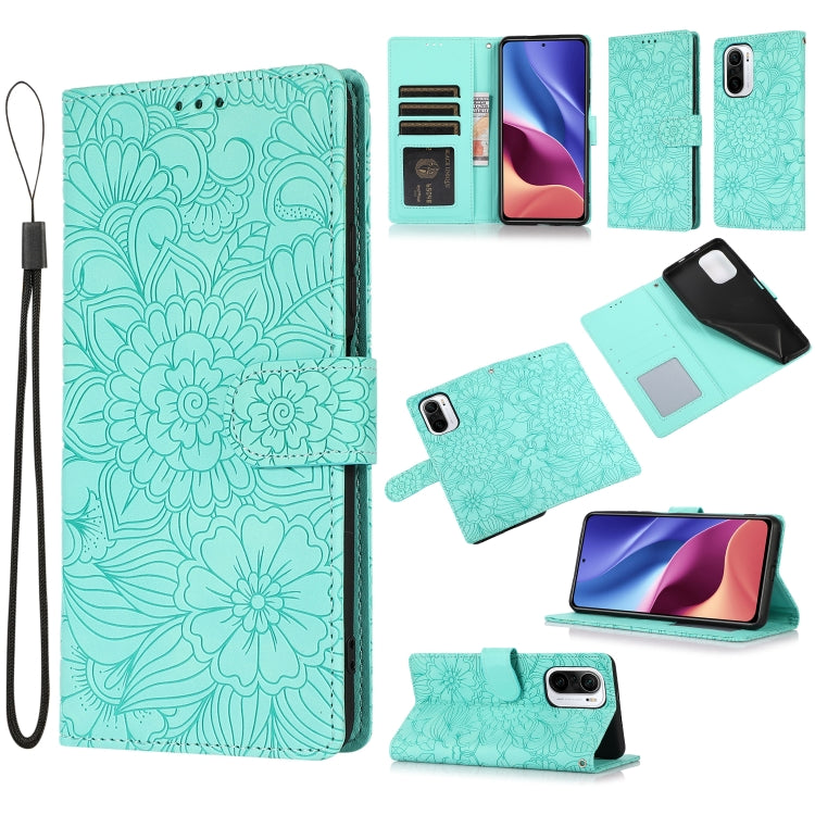 For Xiaomi Redmi K40 / K40 Pro / Poco F3 Skin Feel Embossed Sunflower Horizontal Flip Leather Case with Holder & Card Slots & Wallet & Lanyard