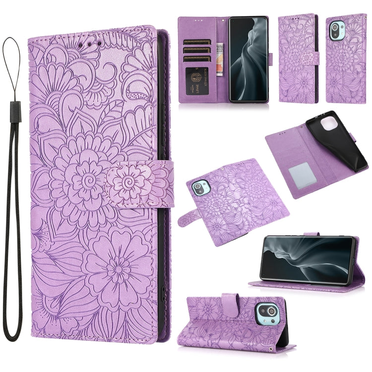 For Xiaomi Mi 11 Skin Feel Embossed Sunflower Horizontal Flip Leather Case with Holder & Card Slots & Wallet & Lanyard
