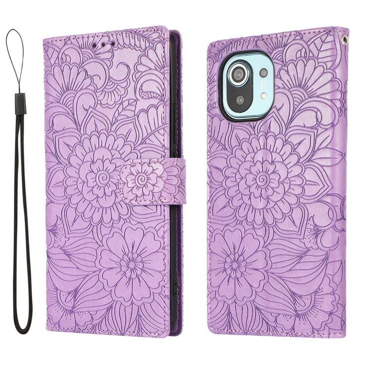 For Xiaomi Mi 11 Skin Feel Embossed Sunflower Horizontal Flip Leather Case with Holder & Card Slots & Wallet & Lanyard