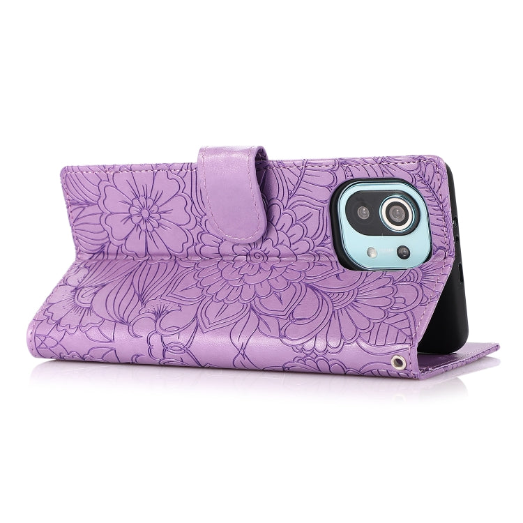 For Xiaomi Mi 11 Skin Feel Embossed Sunflower Horizontal Flip Leather Case with Holder & Card Slots & Wallet & Lanyard