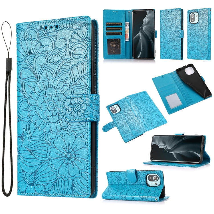 For Xiaomi Mi 11 Skin Feel Embossed Sunflower Horizontal Flip Leather Case with Holder & Card Slots & Wallet & Lanyard