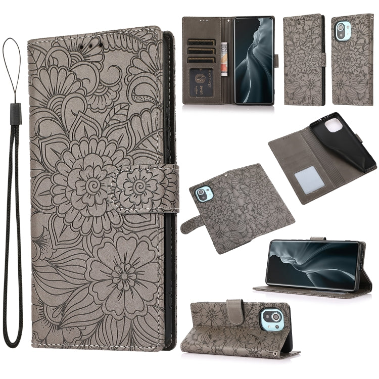 For Xiaomi Mi 11 Skin Feel Embossed Sunflower Horizontal Flip Leather Case with Holder & Card Slots & Wallet & Lanyard