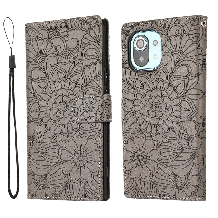 For Xiaomi Mi 11 Skin Feel Embossed Sunflower Horizontal Flip Leather Case with Holder & Card Slots & Wallet & Lanyard