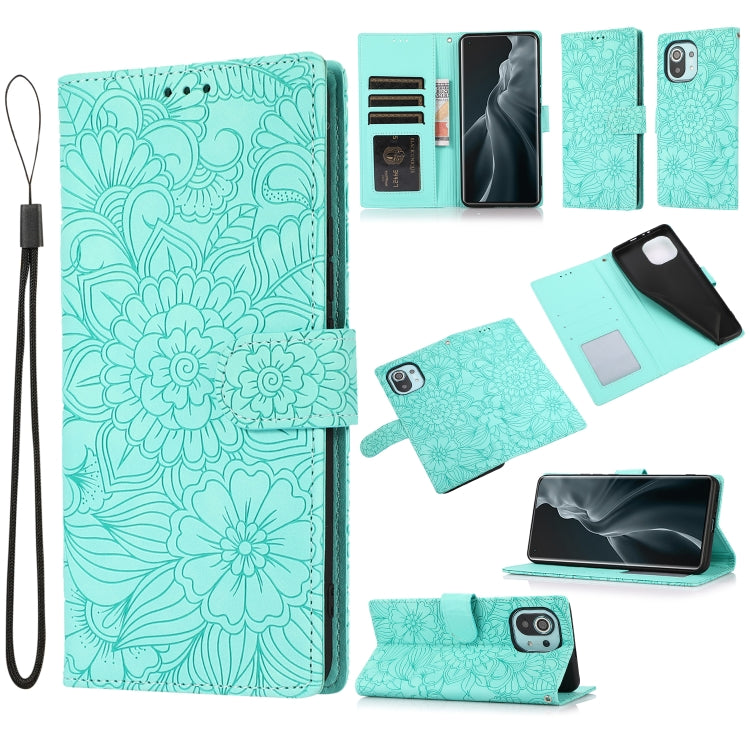 For Xiaomi Mi 11 Skin Feel Embossed Sunflower Horizontal Flip Leather Case with Holder & Card Slots & Wallet & Lanyard