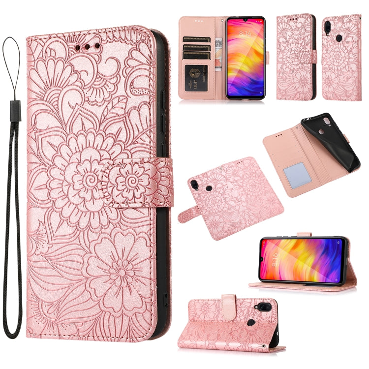 For Xiaomi Redmi Note 7 Skin Feel Embossed Sunflower Horizontal Flip Leather Case with Holder & Card Slots & Wallet & Lanyard
