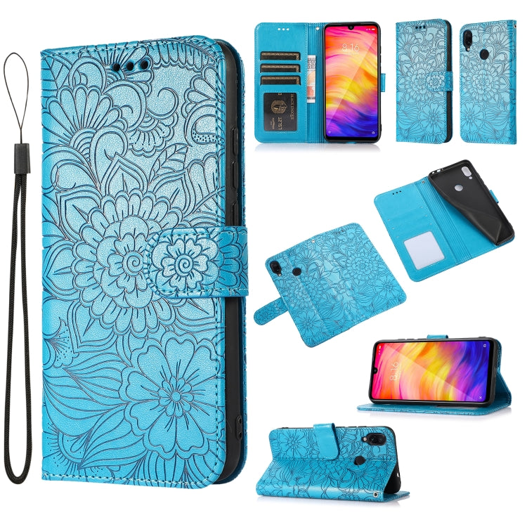 For Xiaomi Redmi Note 7 Skin Feel Embossed Sunflower Horizontal Flip Leather Case with Holder & Card Slots & Wallet & Lanyard