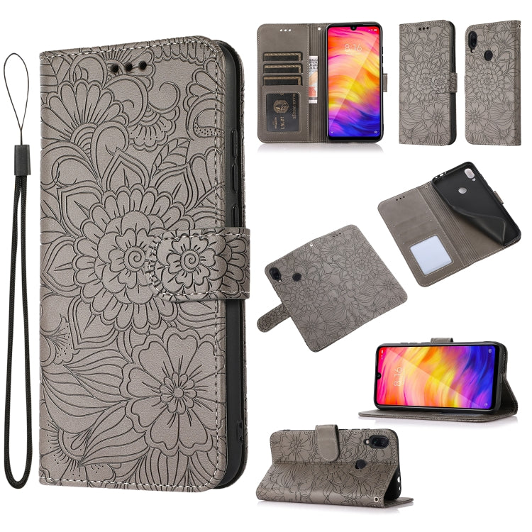 For Xiaomi Redmi Note 7 Skin Feel Embossed Sunflower Horizontal Flip Leather Case with Holder & Card Slots & Wallet & Lanyard