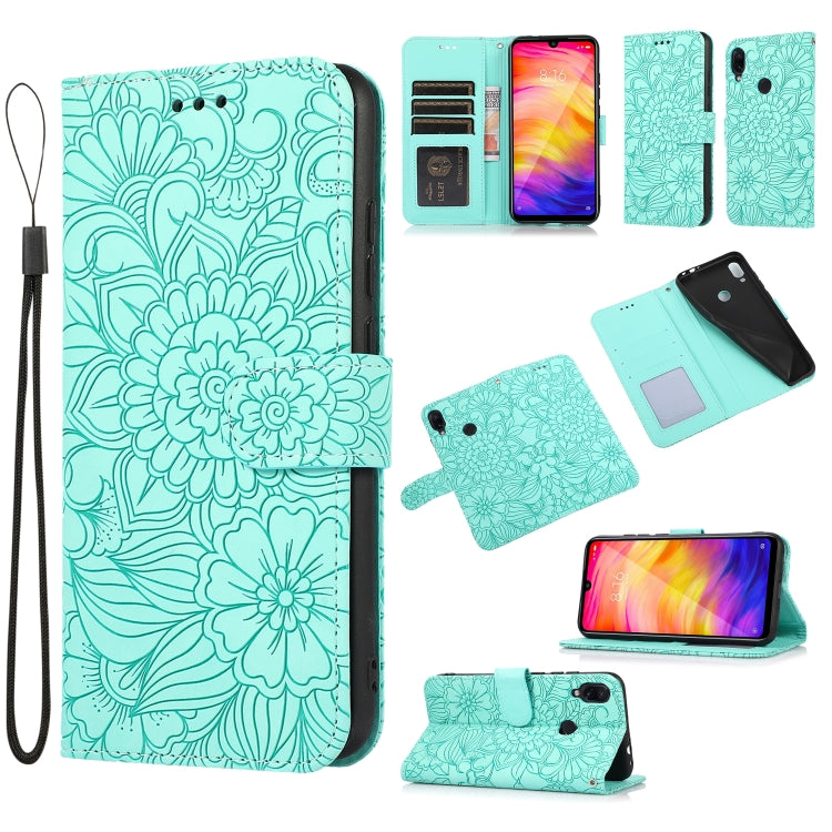 For Xiaomi Redmi Note 7 Skin Feel Embossed Sunflower Horizontal Flip Leather Case with Holder & Card Slots & Wallet & Lanyard