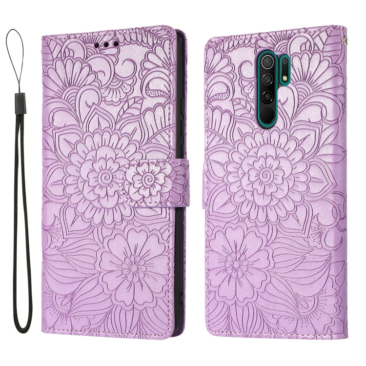 For Xiaomi Redmi 9 Skin Feel Embossed Sunflower Horizontal Flip Leather Case with Holder & Card Slots & Wallet & Lanyard