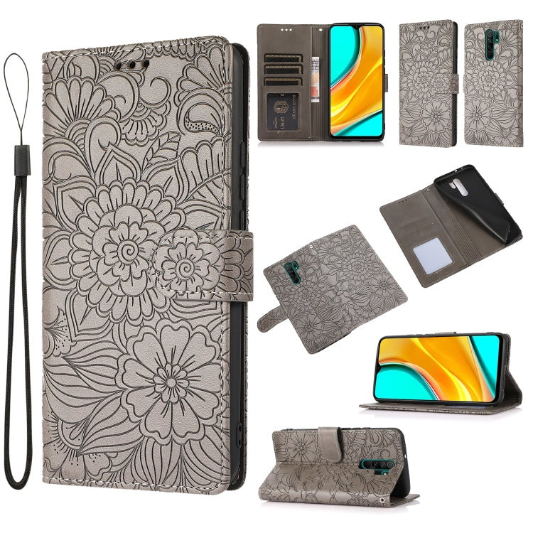 For Xiaomi Redmi 9 Skin Feel Embossed Sunflower Horizontal Flip Leather Case with Holder & Card Slots & Wallet & Lanyard