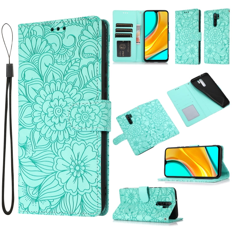 For Xiaomi Redmi 9 Skin Feel Embossed Sunflower Horizontal Flip Leather Case with Holder & Card Slots & Wallet & Lanyard