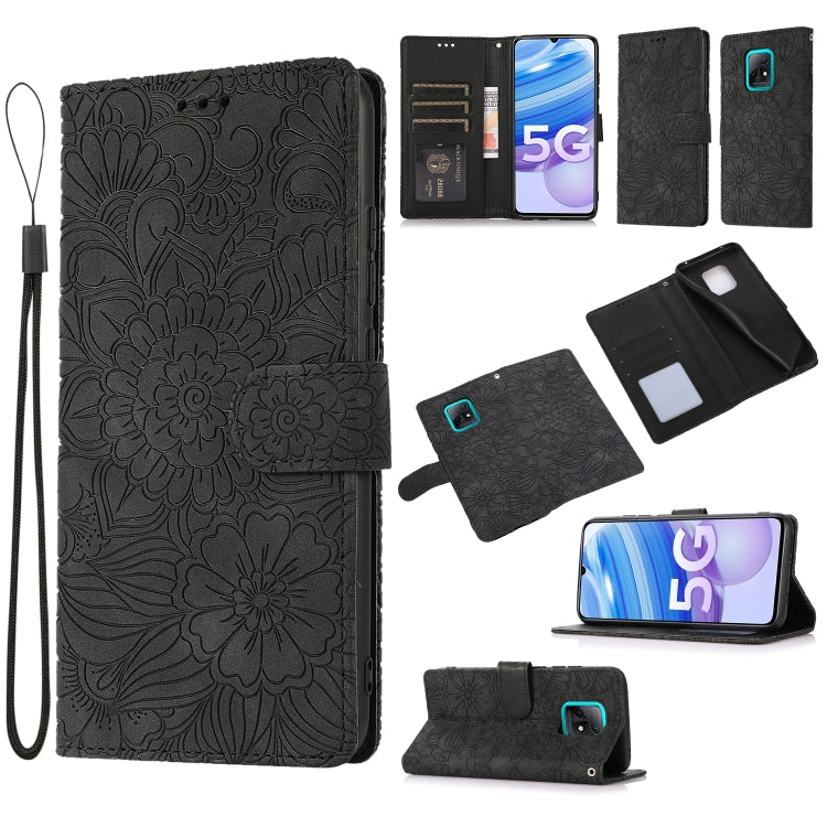 For Xiaomi Redmi 10X 5G Skin Feel Embossed Sunflower Horizontal Flip Leather Case with Holder & Card Slots & Wallet & Lanyard