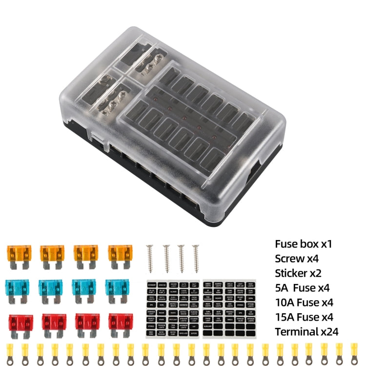 A5618 12-Way Fuse Box Blade Fuse Holder with Terminal + LED Warning Indicator for Auto Car Truck Boat