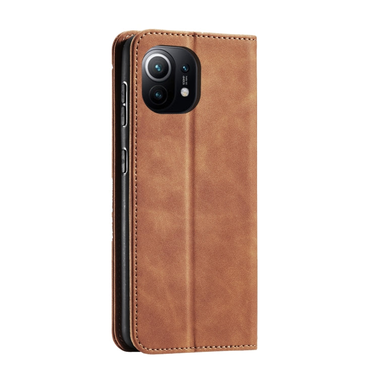 For Xiaomi Mi 11 Skin-feel Calfskin Texture Magnetic Dual-Fold Horizontal Flip Leather Case with Holder & Card Slots & Wallet