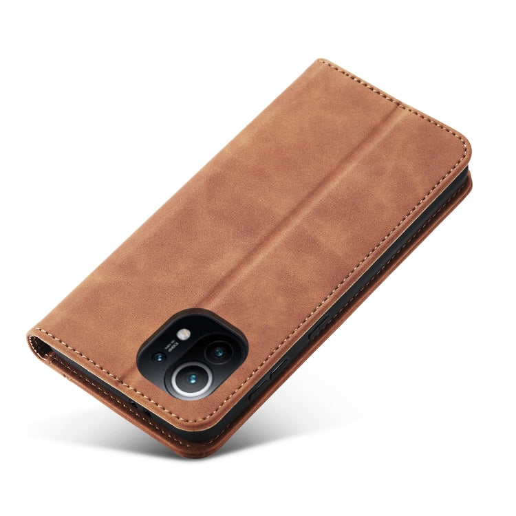 For Xiaomi Mi 11 Skin-feel Calfskin Texture Magnetic Dual-Fold Horizontal Flip Leather Case with Holder & Card Slots & Wallet