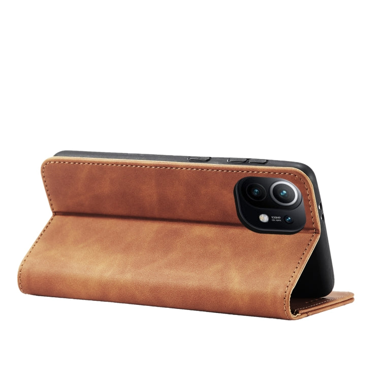 For Xiaomi Mi 11 Skin-feel Calfskin Texture Magnetic Dual-Fold Horizontal Flip Leather Case with Holder & Card Slots & Wallet