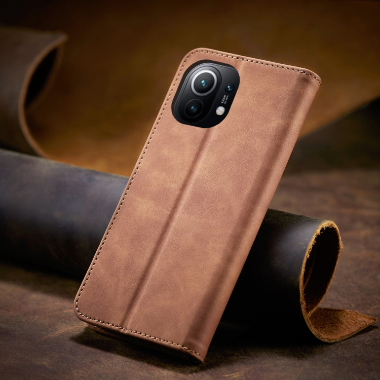 For Xiaomi Mi 11 Skin-feel Calfskin Texture Magnetic Dual-Fold Horizontal Flip Leather Case with Holder & Card Slots & Wallet