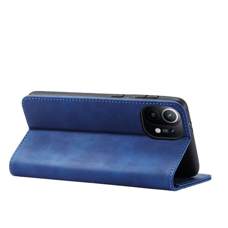 For Xiaomi Mi 11 Skin-feel Calfskin Texture Magnetic Dual-Fold Horizontal Flip Leather Case with Holder & Card Slots & Wallet