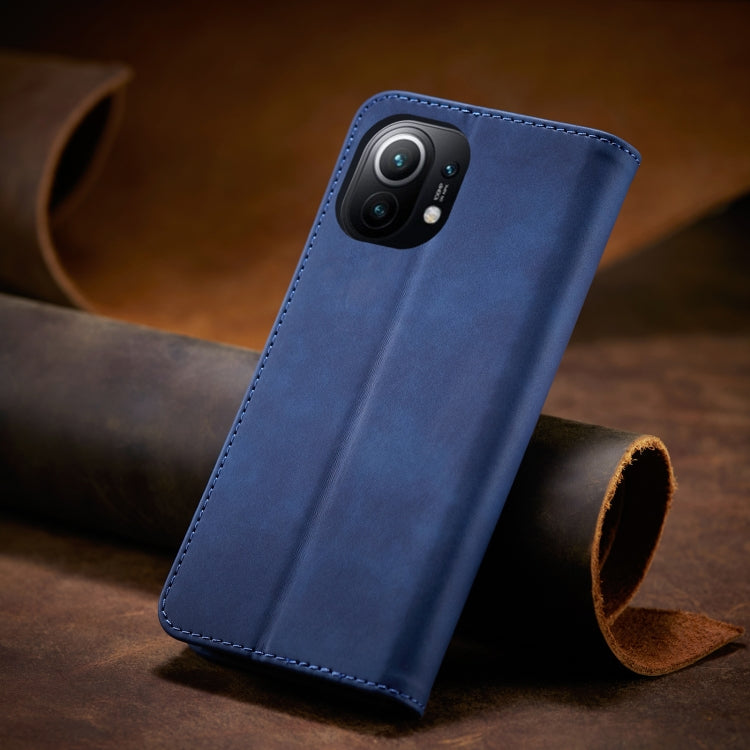 For Xiaomi Mi 11 Skin-feel Calfskin Texture Magnetic Dual-Fold Horizontal Flip Leather Case with Holder & Card Slots & Wallet