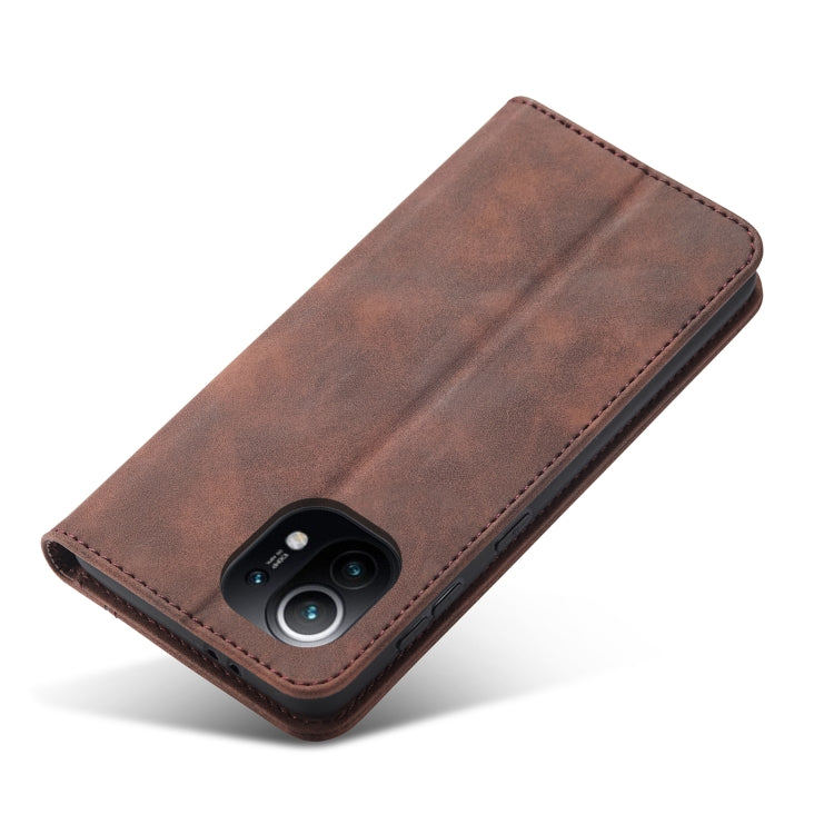 For Xiaomi Mi 11 Skin-feel Calfskin Texture Magnetic Dual-Fold Horizontal Flip Leather Case with Holder & Card Slots & Wallet