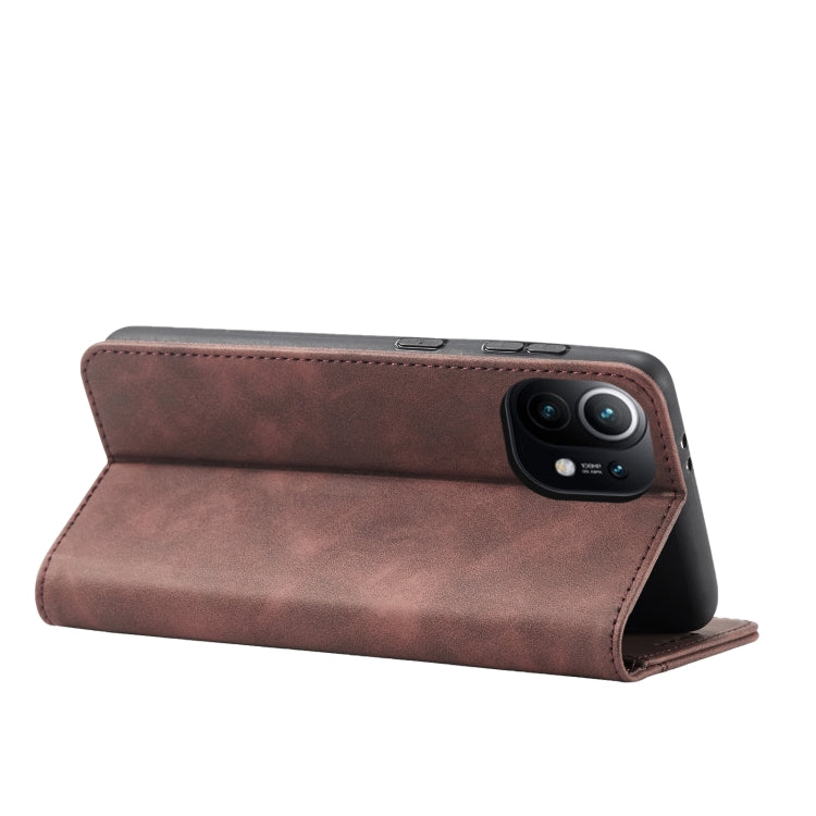 For Xiaomi Mi 11 Skin-feel Calfskin Texture Magnetic Dual-Fold Horizontal Flip Leather Case with Holder & Card Slots & Wallet
