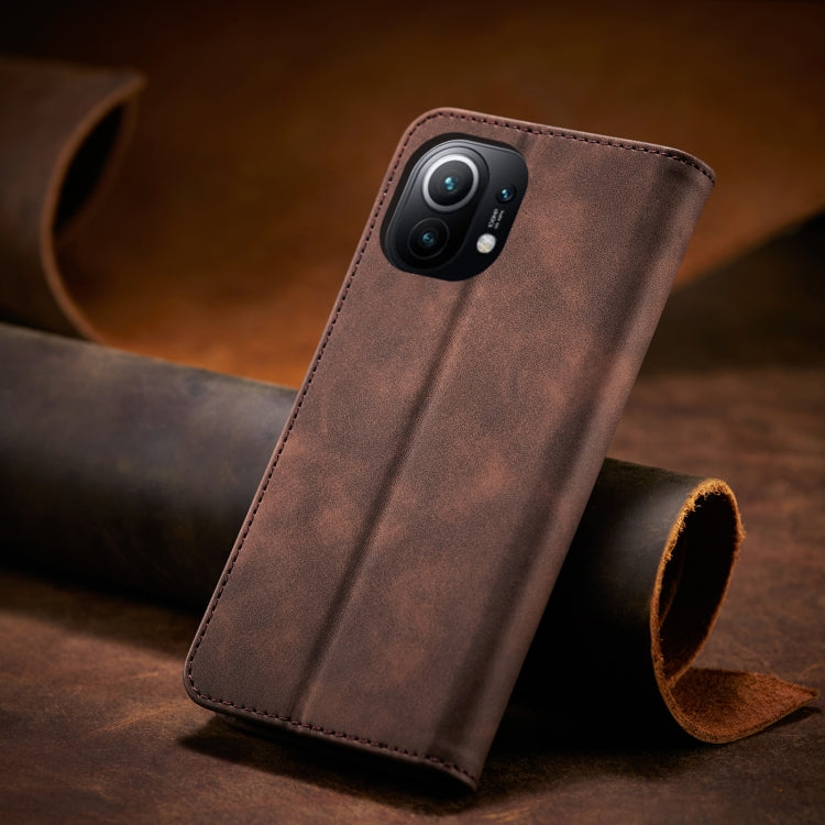 For Xiaomi Mi 11 Skin-feel Calfskin Texture Magnetic Dual-Fold Horizontal Flip Leather Case with Holder & Card Slots & Wallet