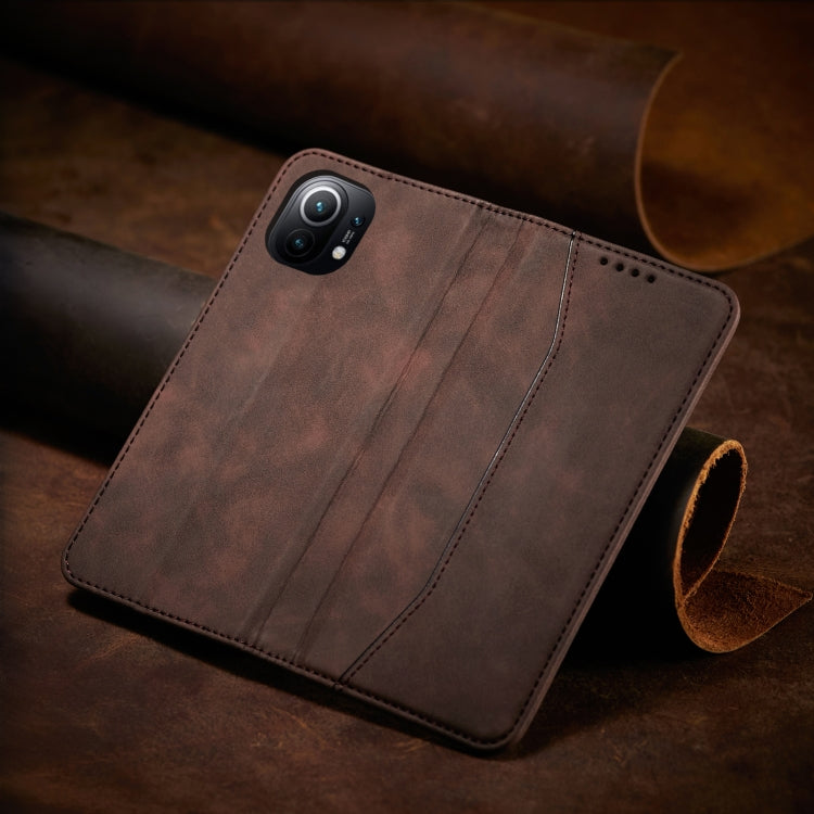 For Xiaomi Mi 11 Skin-feel Calfskin Texture Magnetic Dual-Fold Horizontal Flip Leather Case with Holder & Card Slots & Wallet