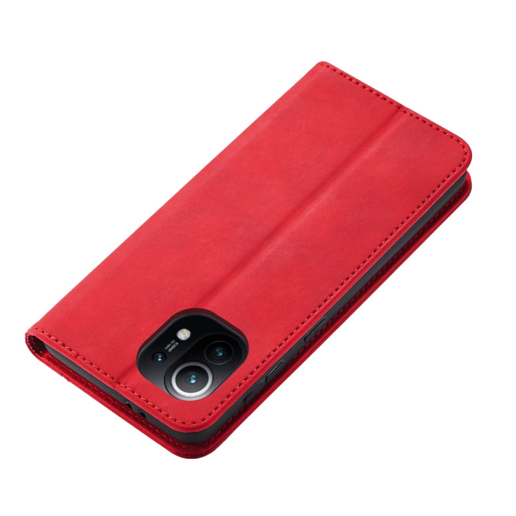 For Xiaomi Mi 11 Skin-feel Calfskin Texture Magnetic Dual-Fold Horizontal Flip Leather Case with Holder & Card Slots & Wallet