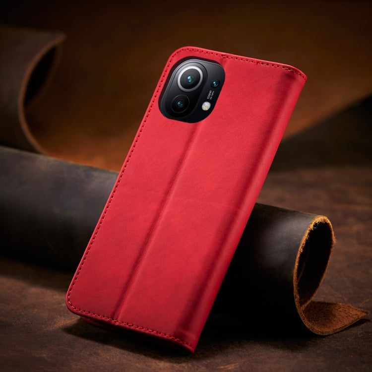 For Xiaomi Mi 11 Skin-feel Calfskin Texture Magnetic Dual-Fold Horizontal Flip Leather Case with Holder & Card Slots & Wallet