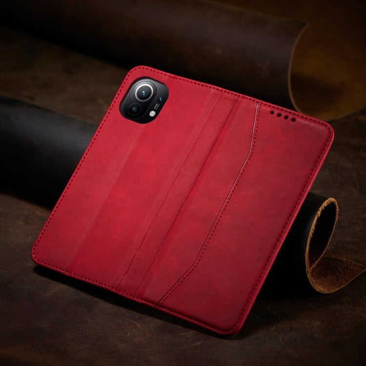 For Xiaomi Mi 11 Skin-feel Calfskin Texture Magnetic Dual-Fold Horizontal Flip Leather Case with Holder & Card Slots & Wallet
