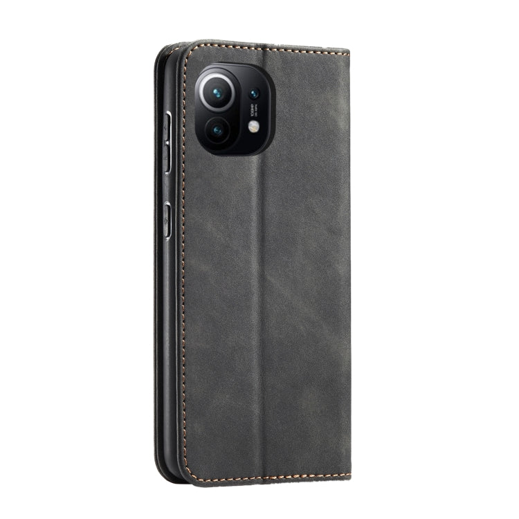 For Xiaomi Mi 11 Skin-feel Calfskin Texture Magnetic Dual-Fold Horizontal Flip Leather Case with Holder & Card Slots & Wallet