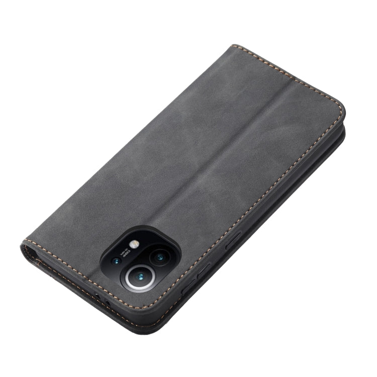 For Xiaomi Mi 11 Skin-feel Calfskin Texture Magnetic Dual-Fold Horizontal Flip Leather Case with Holder & Card Slots & Wallet