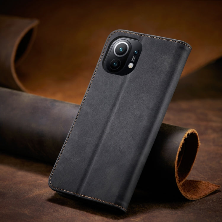 For Xiaomi Mi 11 Skin-feel Calfskin Texture Magnetic Dual-Fold Horizontal Flip Leather Case with Holder & Card Slots & Wallet