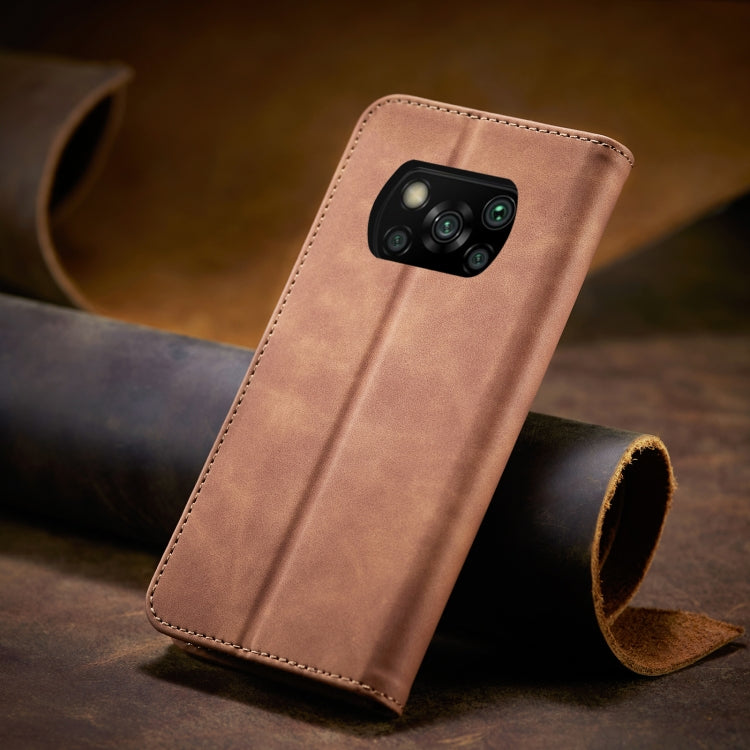 For Xiaomi Poco X3 NFC Skin-feel Calfskin Texture Magnetic Dual-Fold Horizontal Flip Leather Case with Holder & Card Slots & Wallet