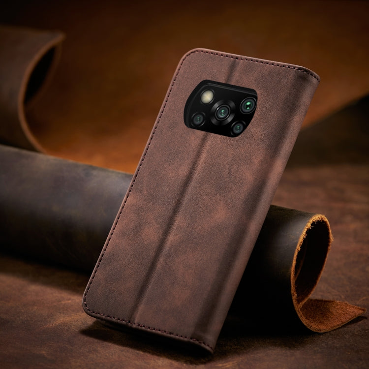 For Xiaomi Poco X3 NFC Skin-feel Calfskin Texture Magnetic Dual-Fold Horizontal Flip Leather Case with Holder & Card Slots & Wallet