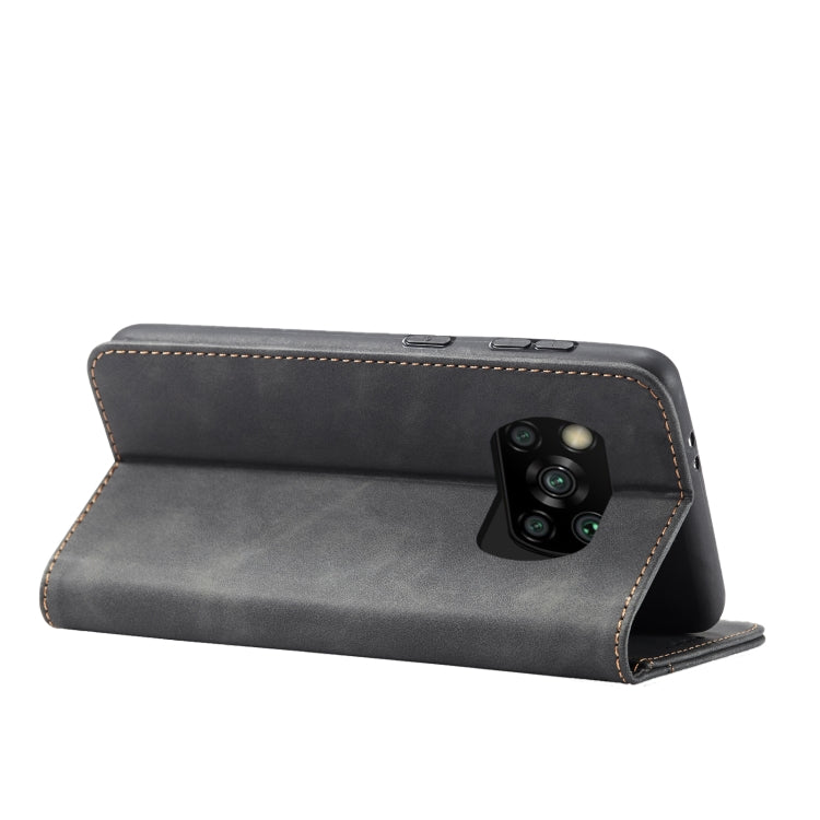 For Xiaomi Poco X3 NFC Skin-feel Calfskin Texture Magnetic Dual-Fold Horizontal Flip Leather Case with Holder & Card Slots & Wallet