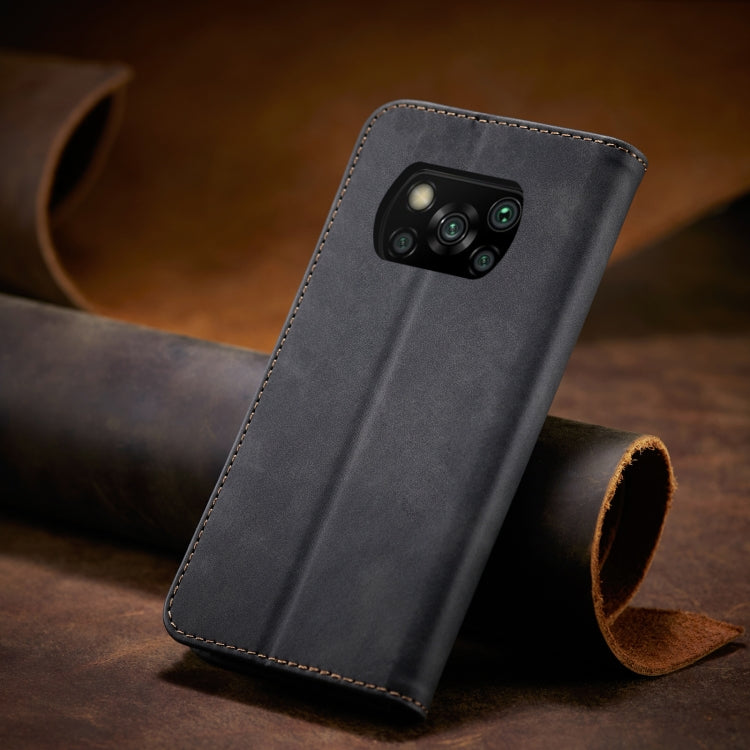 For Xiaomi Poco X3 NFC Skin-feel Calfskin Texture Magnetic Dual-Fold Horizontal Flip Leather Case with Holder & Card Slots & Wallet