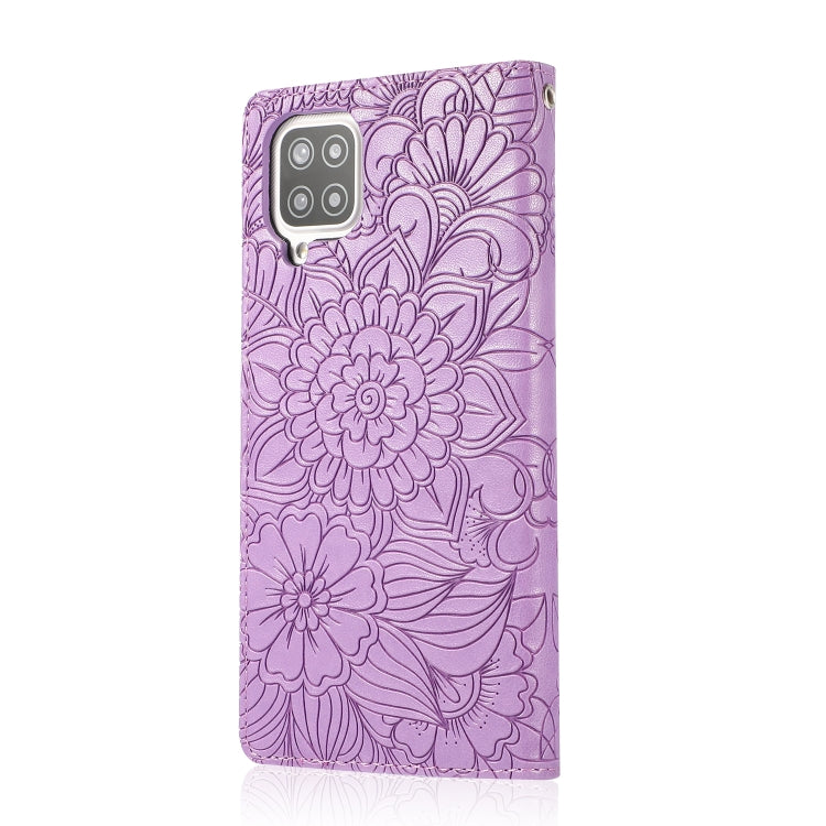 For Samsung Galaxy A12 Skin Feel Embossed Sunflower Horizontal Flip Leather Case with Holder & Card Slots & Wallet & Lanyard