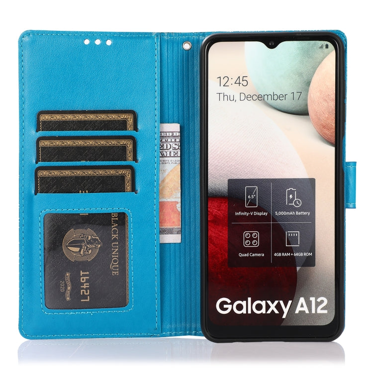 For Samsung Galaxy A12 Skin Feel Embossed Sunflower Horizontal Flip Leather Case with Holder & Card Slots & Wallet & Lanyard