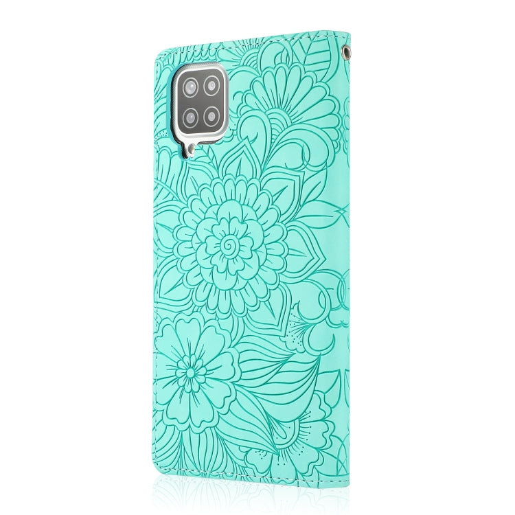 For Samsung Galaxy A12 Skin Feel Embossed Sunflower Horizontal Flip Leather Case with Holder & Card Slots & Wallet & Lanyard