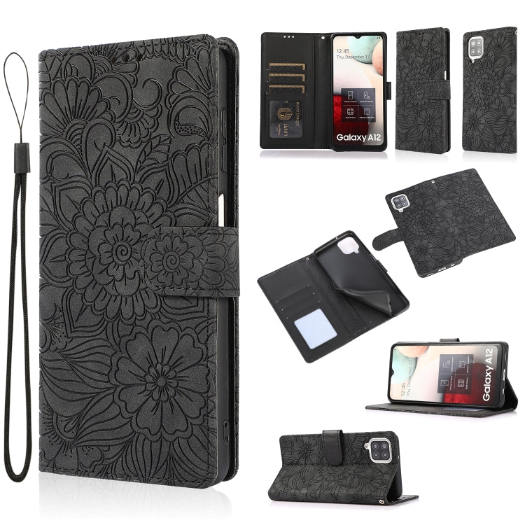 For Samsung Galaxy A12 Skin Feel Embossed Sunflower Horizontal Flip Leather Case with Holder & Card Slots & Wallet & Lanyard