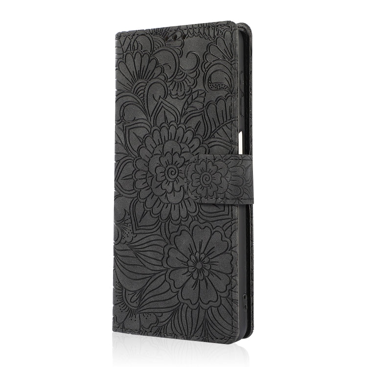 For Samsung Galaxy A12 Skin Feel Embossed Sunflower Horizontal Flip Leather Case with Holder & Card Slots & Wallet & Lanyard