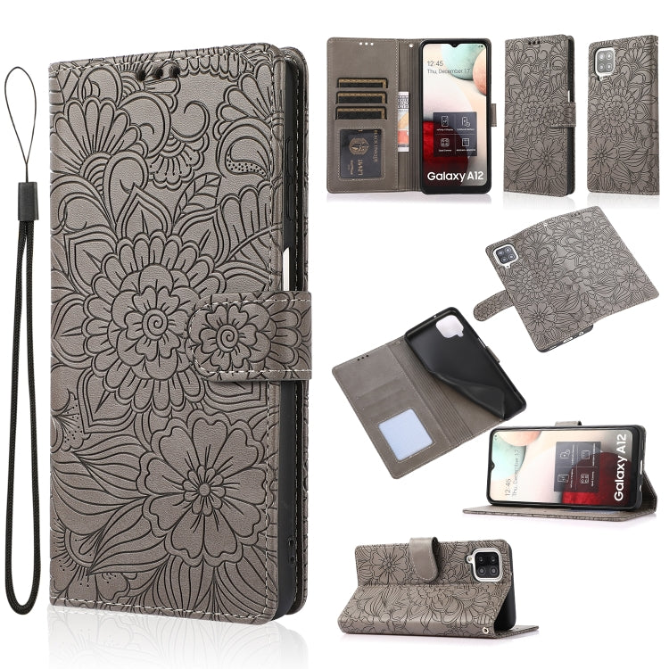 For Samsung Galaxy A12 Skin Feel Embossed Sunflower Horizontal Flip Leather Case with Holder & Card Slots & Wallet & Lanyard