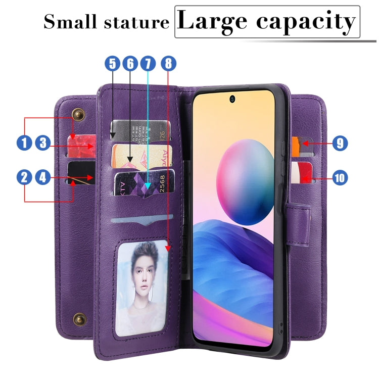 For Xiaomi Redmi Note 10 4G Multifunctional Magnetic Copper Buckle Horizontal Flip Solid Color Leather Case with 10 Card Slots & Wallet & Holder & Photo Frame