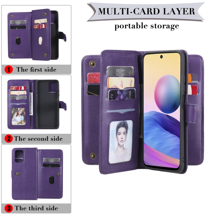 For Xiaomi Redmi Note 10 4G Multifunctional Magnetic Copper Buckle Horizontal Flip Solid Color Leather Case with 10 Card Slots & Wallet & Holder & Photo Frame