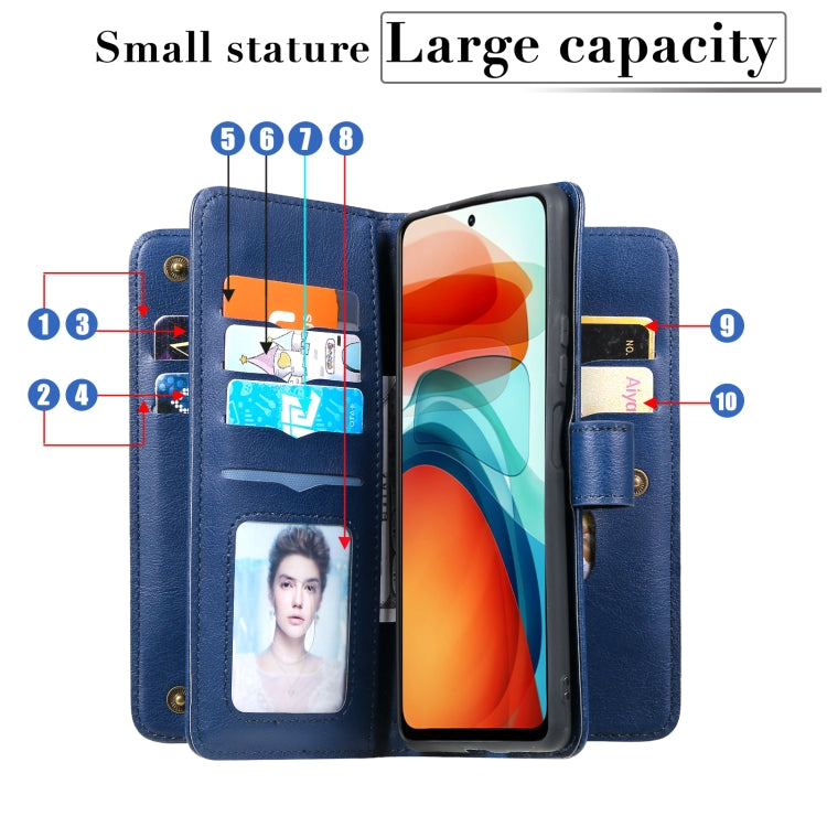 For Xiaomi Redmi Note 10 Pro Multifunctional Magnetic Copper Buckle Horizontal Flip Solid Color Leather Case with 10 Card Slots & Wallet & Holder & Photo Frame