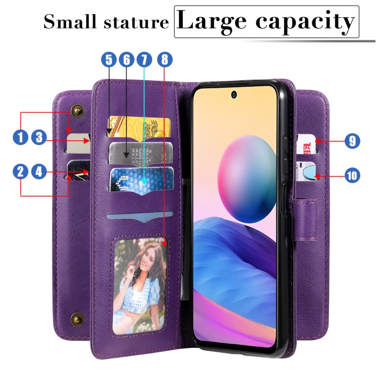 For Xiaomi Redmi Note 10 5G Multifunctional Magnetic Copper Buckle Horizontal Flip Solid Color Leather Case with 10 Card Slots & Wallet & Holder & Photo Frame