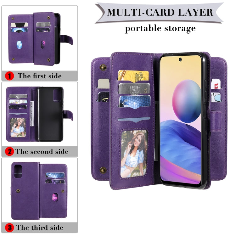 For Xiaomi Redmi Note 10 5G Multifunctional Magnetic Copper Buckle Horizontal Flip Solid Color Leather Case with 10 Card Slots & Wallet & Holder & Photo Frame