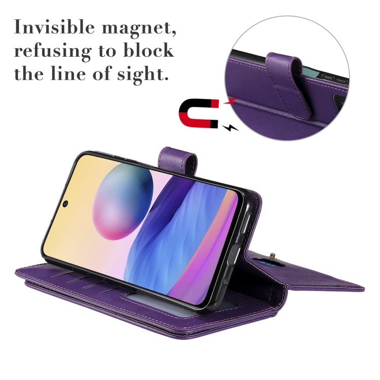 For Xiaomi Redmi Note 10 5G Multifunctional Magnetic Copper Buckle Horizontal Flip Solid Color Leather Case with 10 Card Slots & Wallet & Holder & Photo Frame