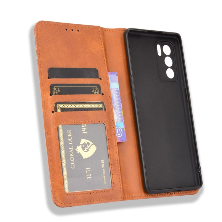 For OPPO Reno6 Pro 5G Magnetic Buckle Retro Crazy Horse Texture Horizontal Flip Leather Case with Holder & Card Slots & Photo Frame